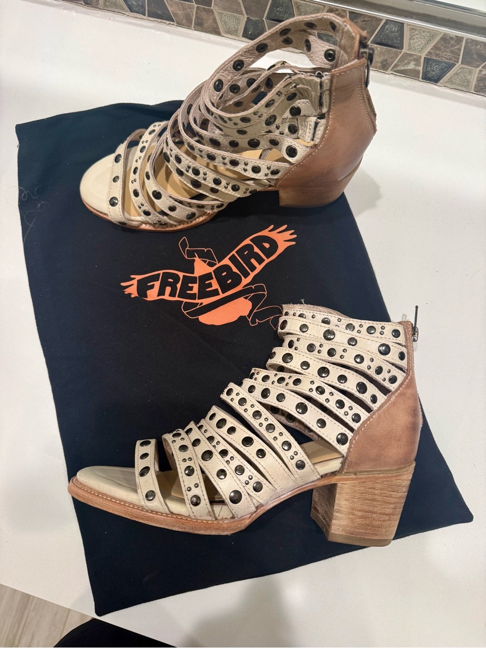 Freebird Cream and Tan Studded Cutout Heeled Sandal Booties